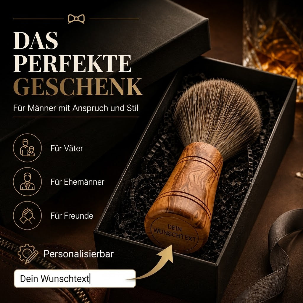 Rasierpinsel Dachshaar „Sir George“ aus Olivenholz mit Gravur – Personalisierbarer Rasierpinsel