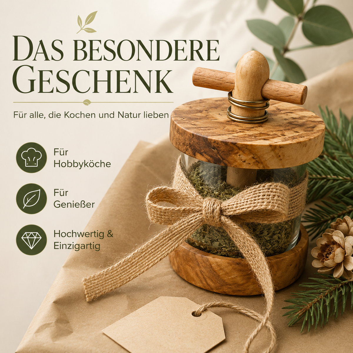 Kräutermühle aus Olivenholz mit Mahlwerk für Kräuter & Gewürze
