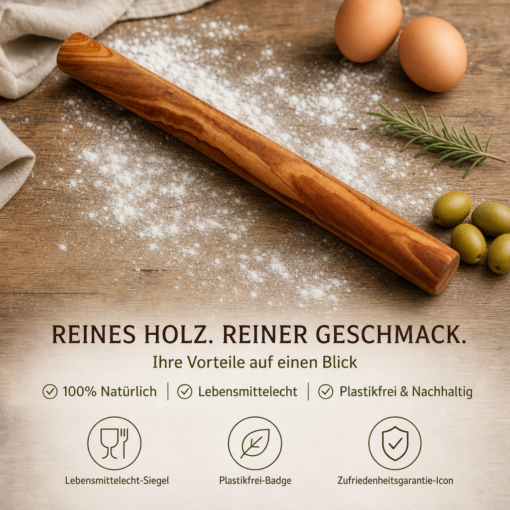 Olivenholz Teigroller „Design“ – edles Nudelholz handgefertigt