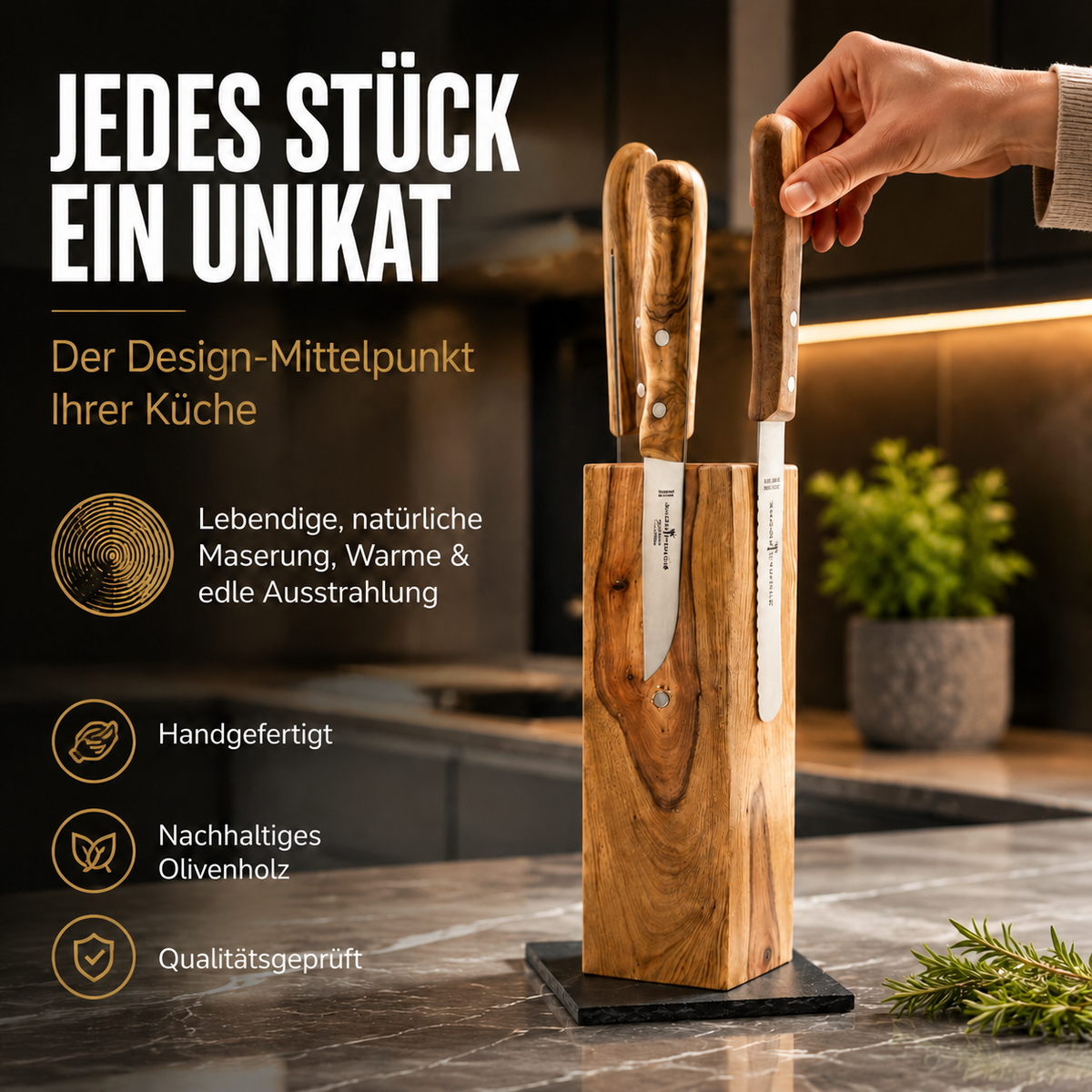 Exklusiver Messerblock Tower aus Olivenholz mit Wunschgravur