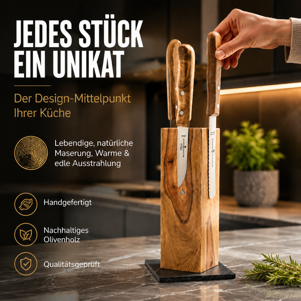 Exklusiver Messerblock Tower aus Olivenholz mit Wunschgravur