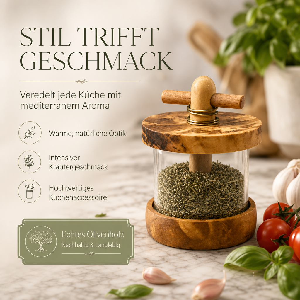 Kräutermühle aus Olivenholz mit Mahlwerk für Kräuter & Gewürze