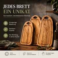 Personalisiertes Steakbrett aus Olivenholz mit Saftrille und Griff – rustikales Holzbrett mit Gravur