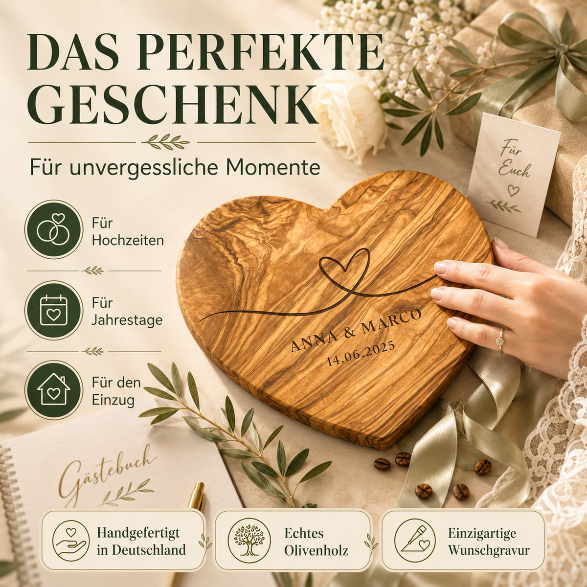 Herzform-Holzbrett – Hochzeitsgeschenk personalisiert aus Olivenholz