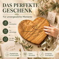 Herzform-Holzbrett – Hochzeitsgeschenk personalisiert aus Olivenholz