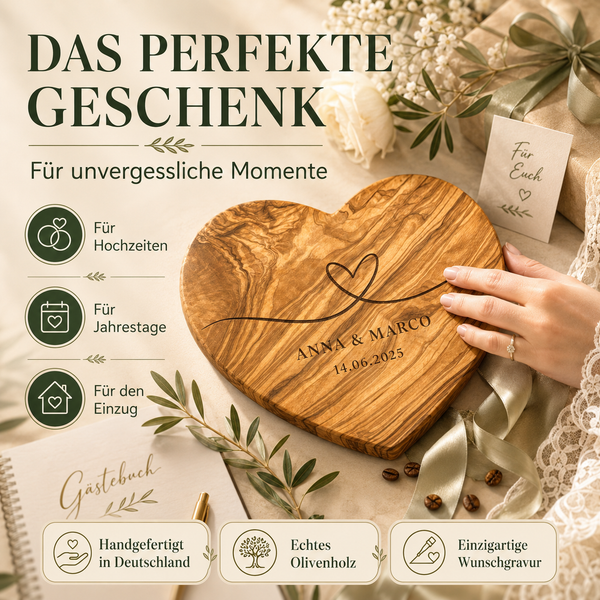 Herzform-Holzbrett – Hochzeitsgeschenk personalisiert aus Olivenholz