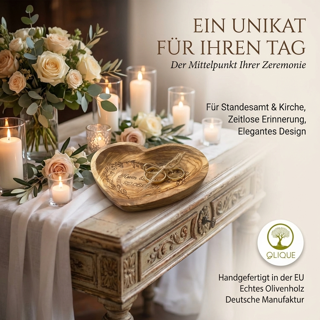 Ringkissen Hochzeit aus Olivenholz, personalisierbar