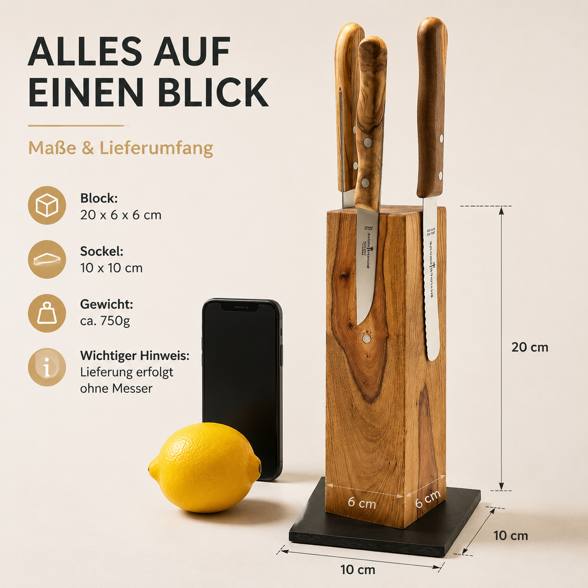 Exklusiver Messerblock Tower aus Olivenholz mit Wunschgravur