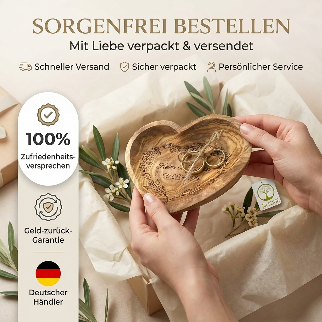 Ringkissen Hochzeit aus Olivenholz, personalisierbar