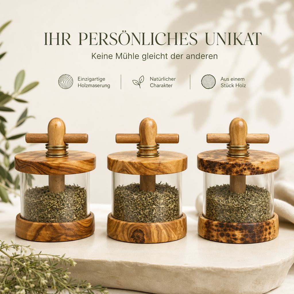 Kräutermühle aus Olivenholz mit Mahlwerk für Kräuter & Gewürze