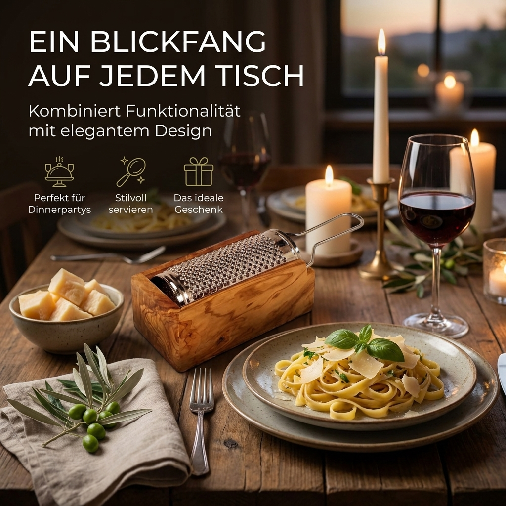 Käse- und Parmesanreibe aus Olivenholz und Edelstahl