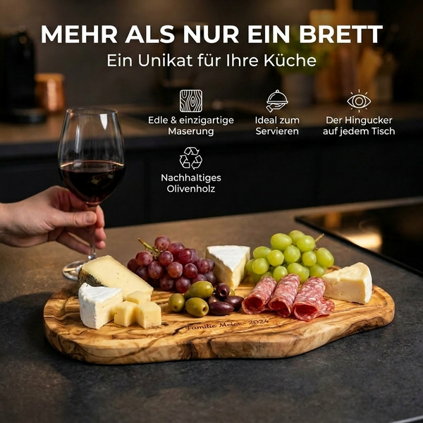 Personalisiertes Schneidebrett mit Saftrille – Rustikales Tranchierbrett aus Olivenholz