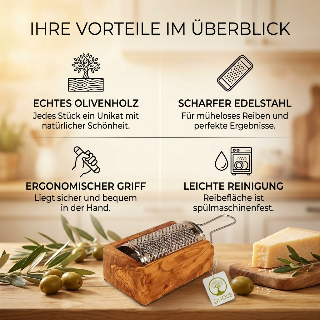 Käse- und Parmesanreibe aus Olivenholz und Edelstahl