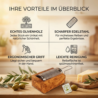 Käse- und Parmesanreibe aus Olivenholz und Edelstahl