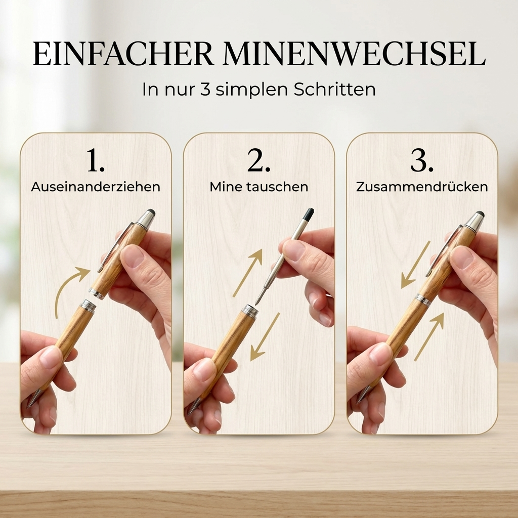 Kugelschreiber personalisiert, Olivenholz - Edler Holzkugelschreiber mit Gravur und Samtetui als individuelles Geschenk