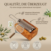 Käse- und Parmesanreibe aus Olivenholz und Edelstahl