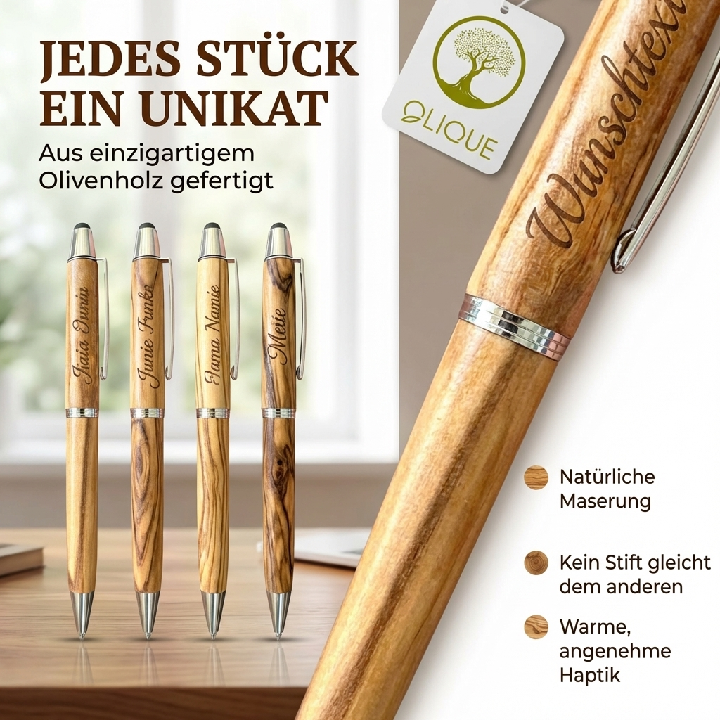 Kugelschreiber personalisiert, Olivenholz - Edler Holzkugelschreiber mit Gravur und Samtetui als individuelles Geschenk