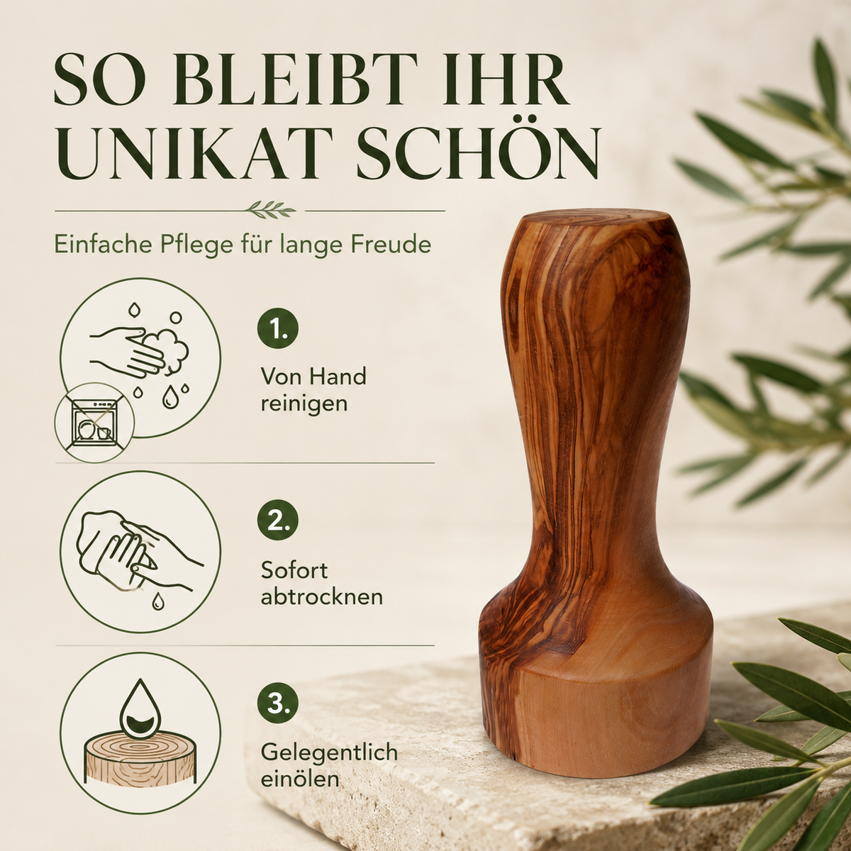 Personalisierbarer Kaffeestampfer aus Olivenholz – Tamper Ø 45 mm