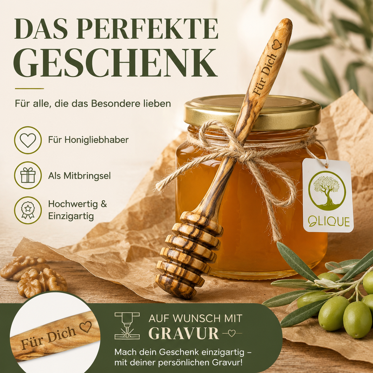 Personalisierbarer Honigheber 14 cm aus Olivenholz – Hochwertiger Honiglöffel für präzises Portionieren