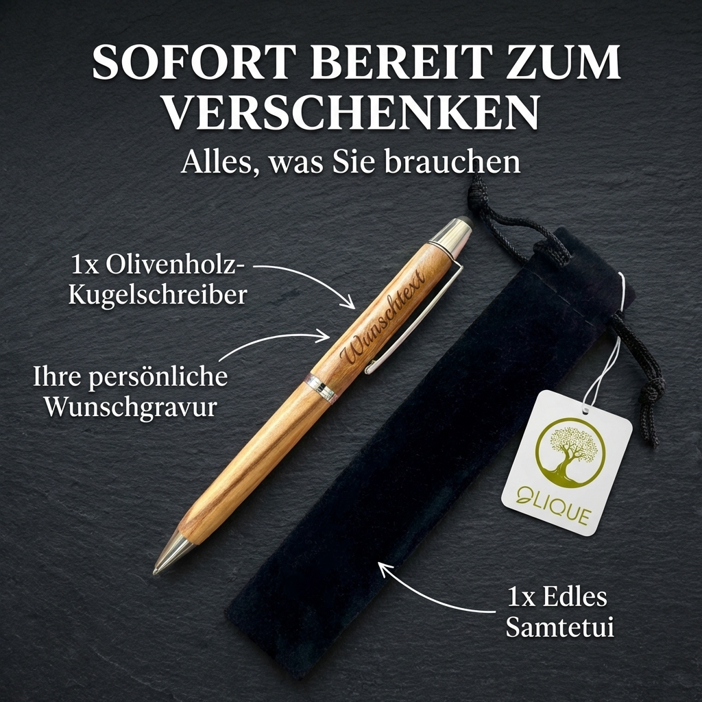 Kugelschreiber personalisiert, Olivenholz - Edler Holzkugelschreiber mit Gravur und Samtetui als individuelles Geschenk