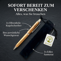 Kugelschreiber personalisiert, Olivenholz - Edler Holzkugelschreiber mit Gravur und Samtetui als individuelles Geschenk
