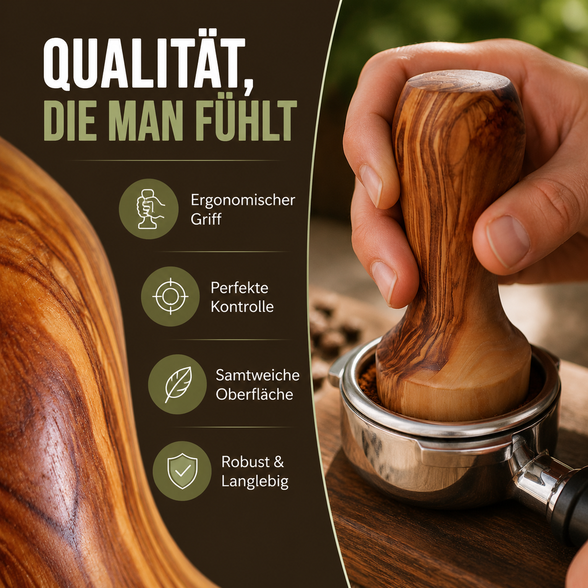 Personalisierbarer Kaffeestampfer aus Olivenholz – Tamper Ø 45 mm
