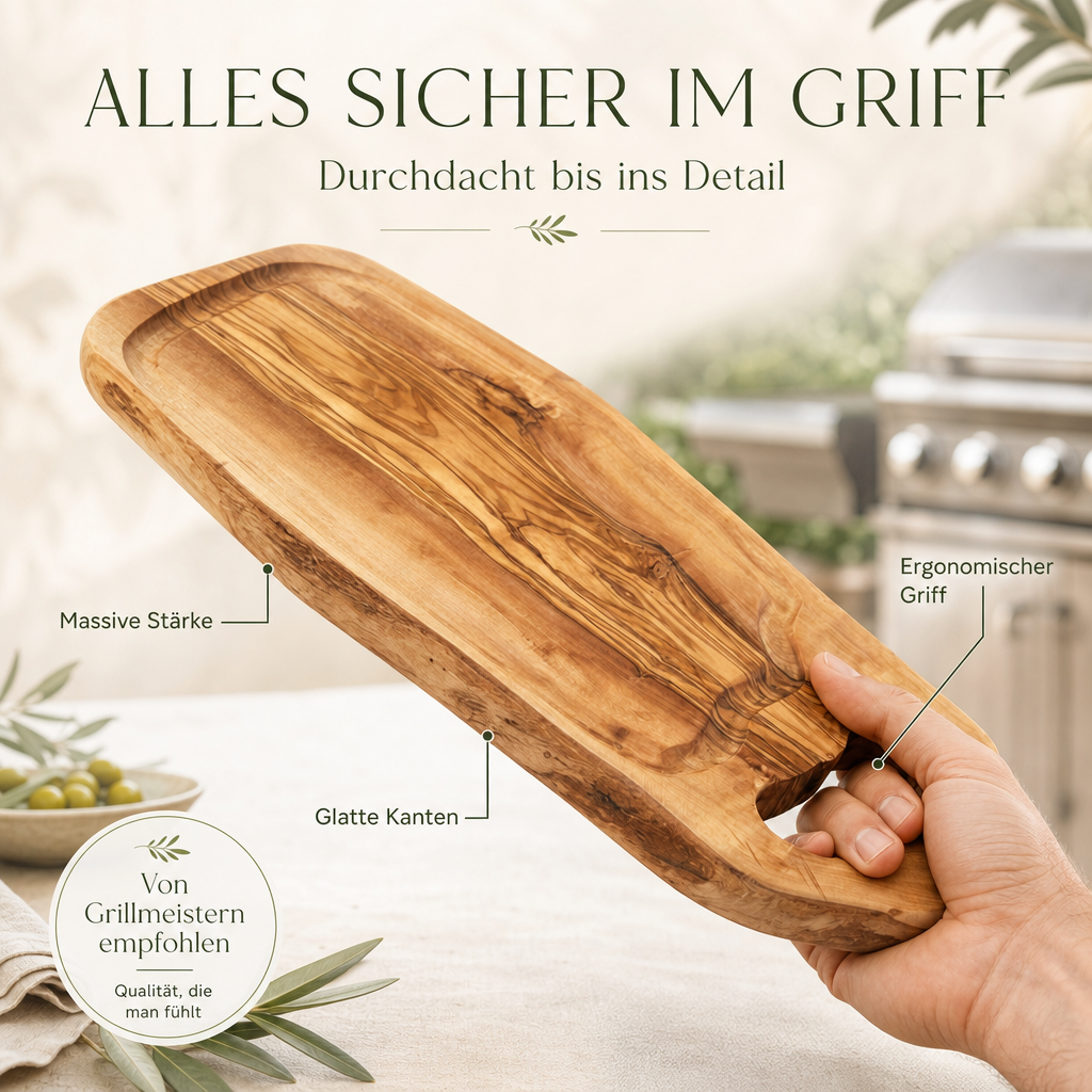 Personalisiertes Steakbrett aus Olivenholz mit Saftrille und Griff – rustikales Holzbrett mit Gravur