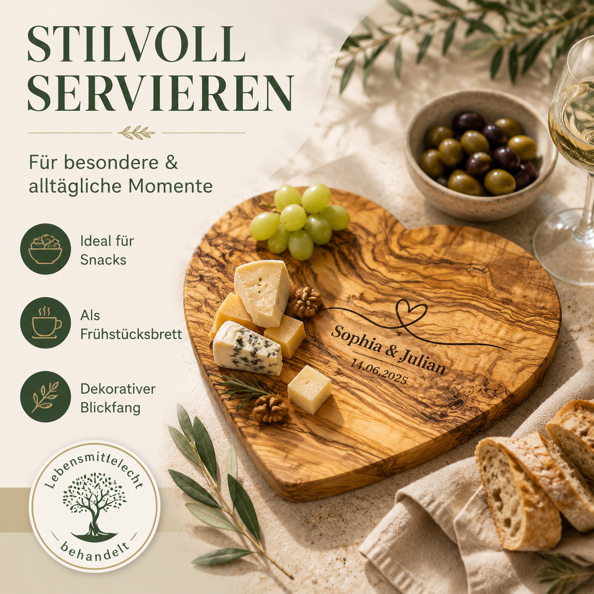 Herzform-Holzbrett – Hochzeitsgeschenk personalisiert aus Olivenholz