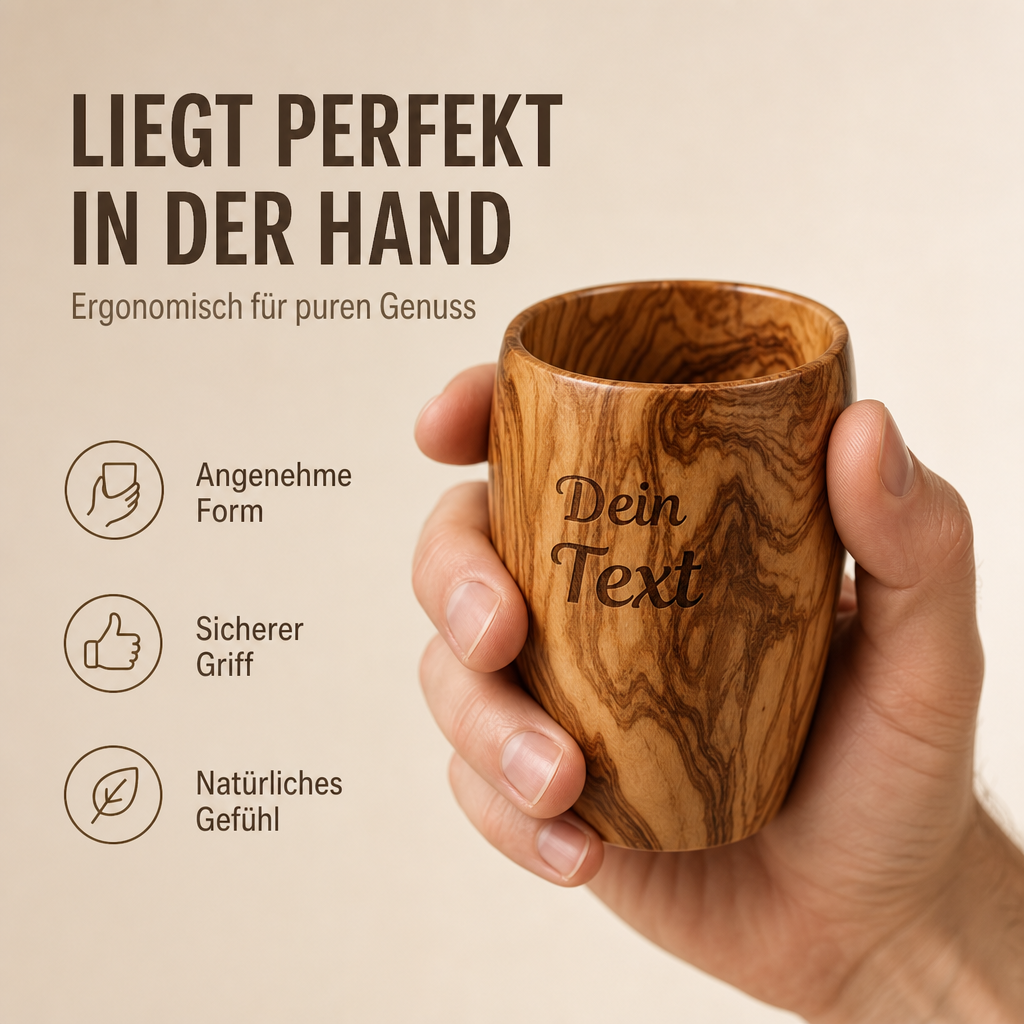 Trinkbecher aus Olivenholz personalisiert – Holzbecher mit Gravur als Geschenk