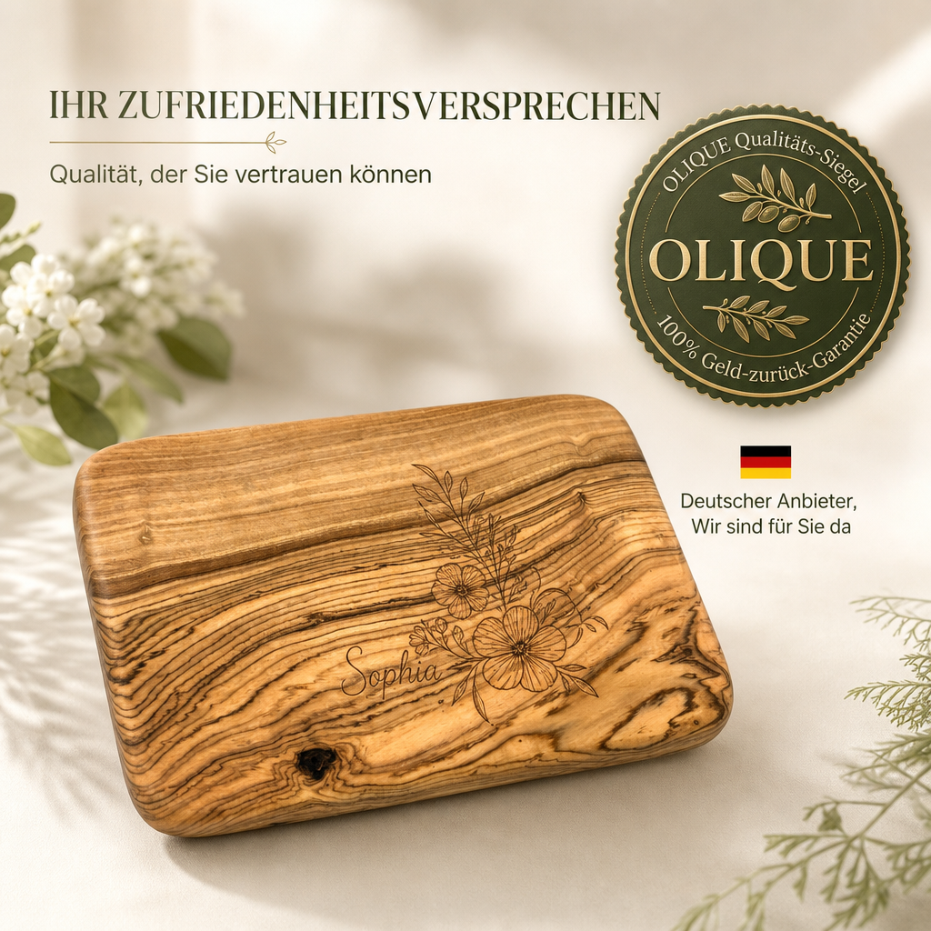 Personalisiertes Frühstücksbrettchen aus Olivenholz mit Gravur