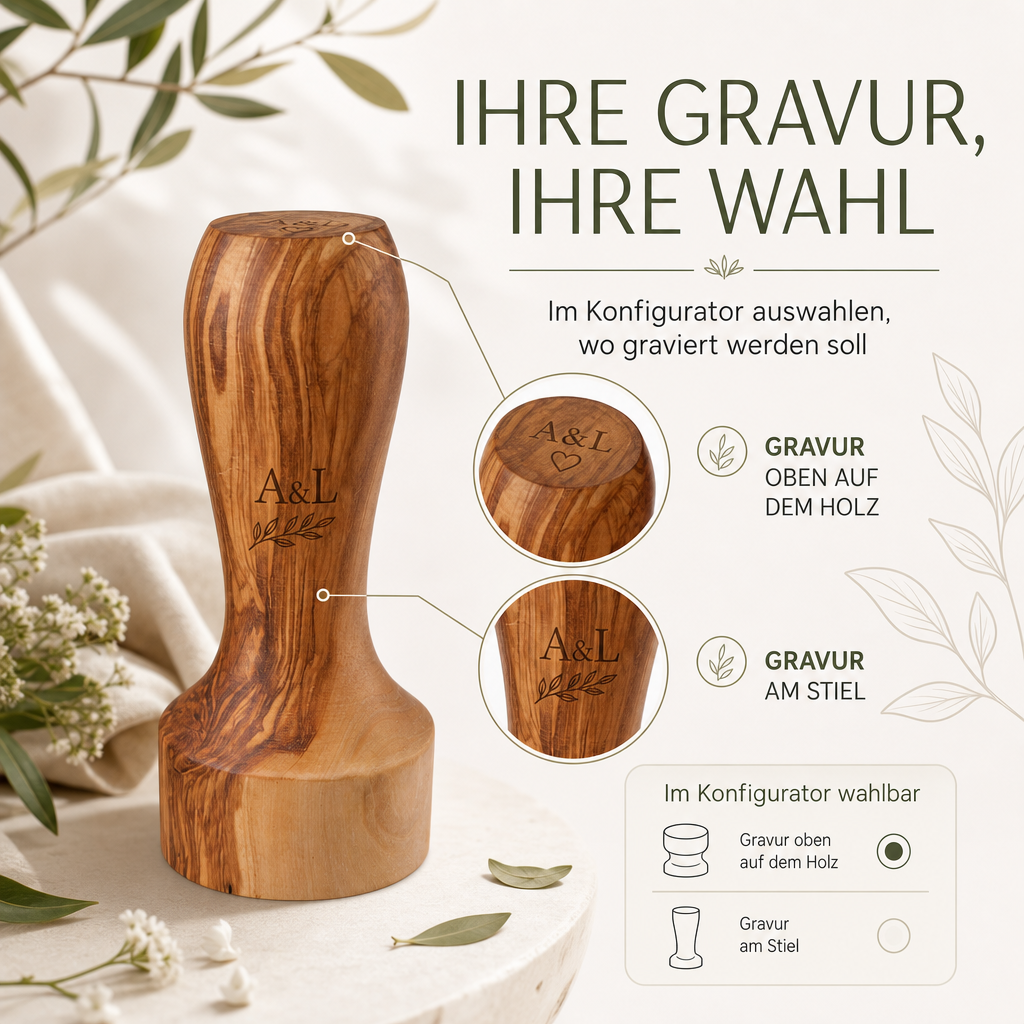 Personalisierbarer Kaffeestampfer aus Olivenholz – Tamper Ø 45 mm