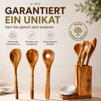 5-teiliges Küchenset aus Olivenholz – Hochwertige Kochlöffel mit Keramikschale, langlebig, nachhaltig & personalisierbar