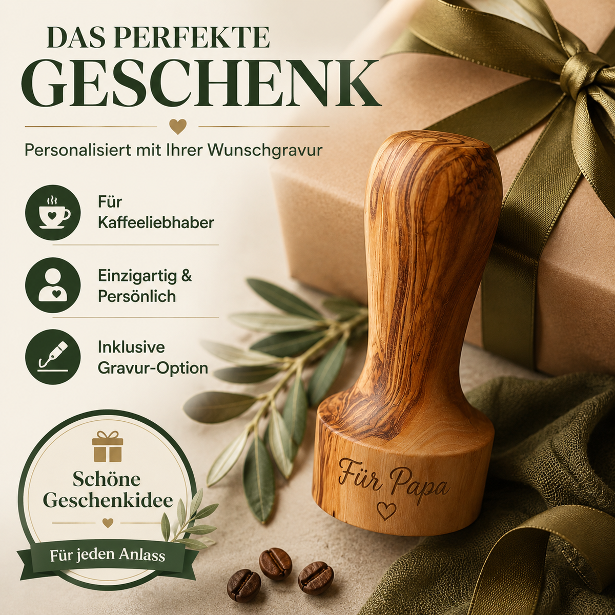 Personalisierbarer Kaffeestampfer aus Olivenholz – Tamper Ø 45 mm