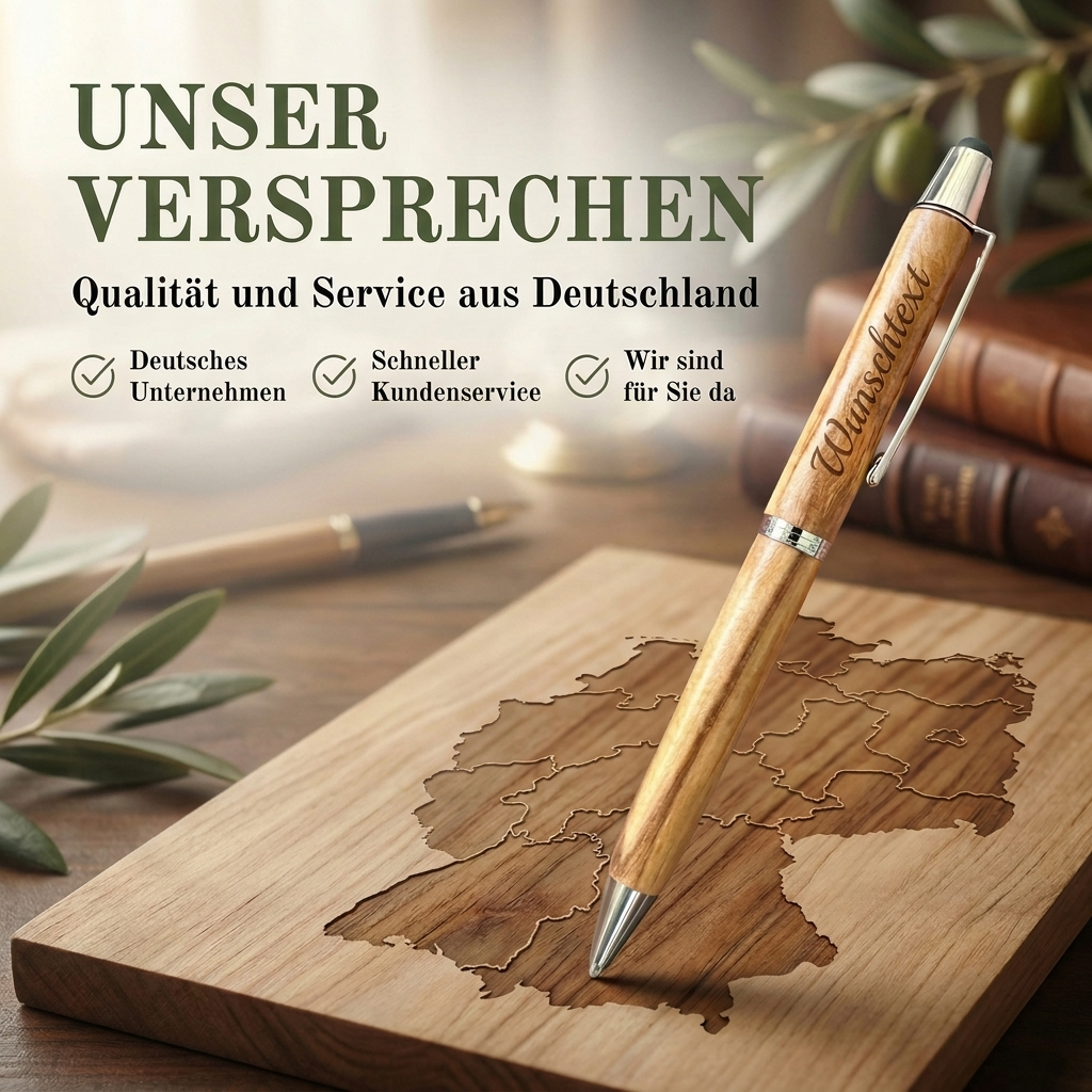 Kugelschreiber personalisiert, Olivenholz - Edler Holzkugelschreiber mit Gravur und Samtetui als individuelles Geschenk