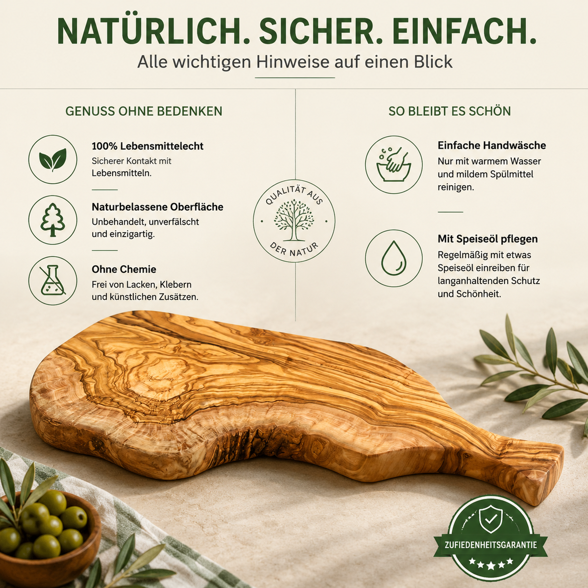 Personalisiertes Servierbrett aus Olivenholz mit Griff & rustikalem Rand