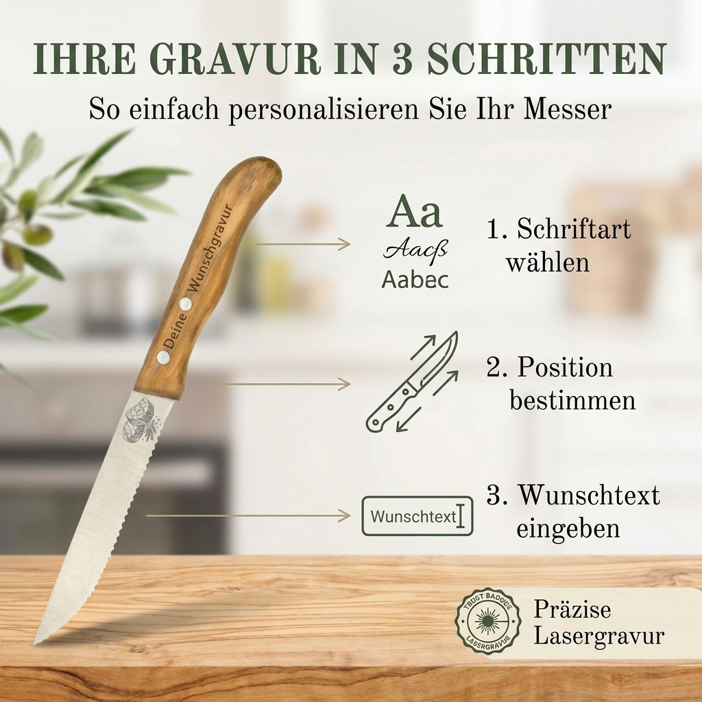 Steakmesser mit Olivenholzgriff – Personalisiert mit Gravur