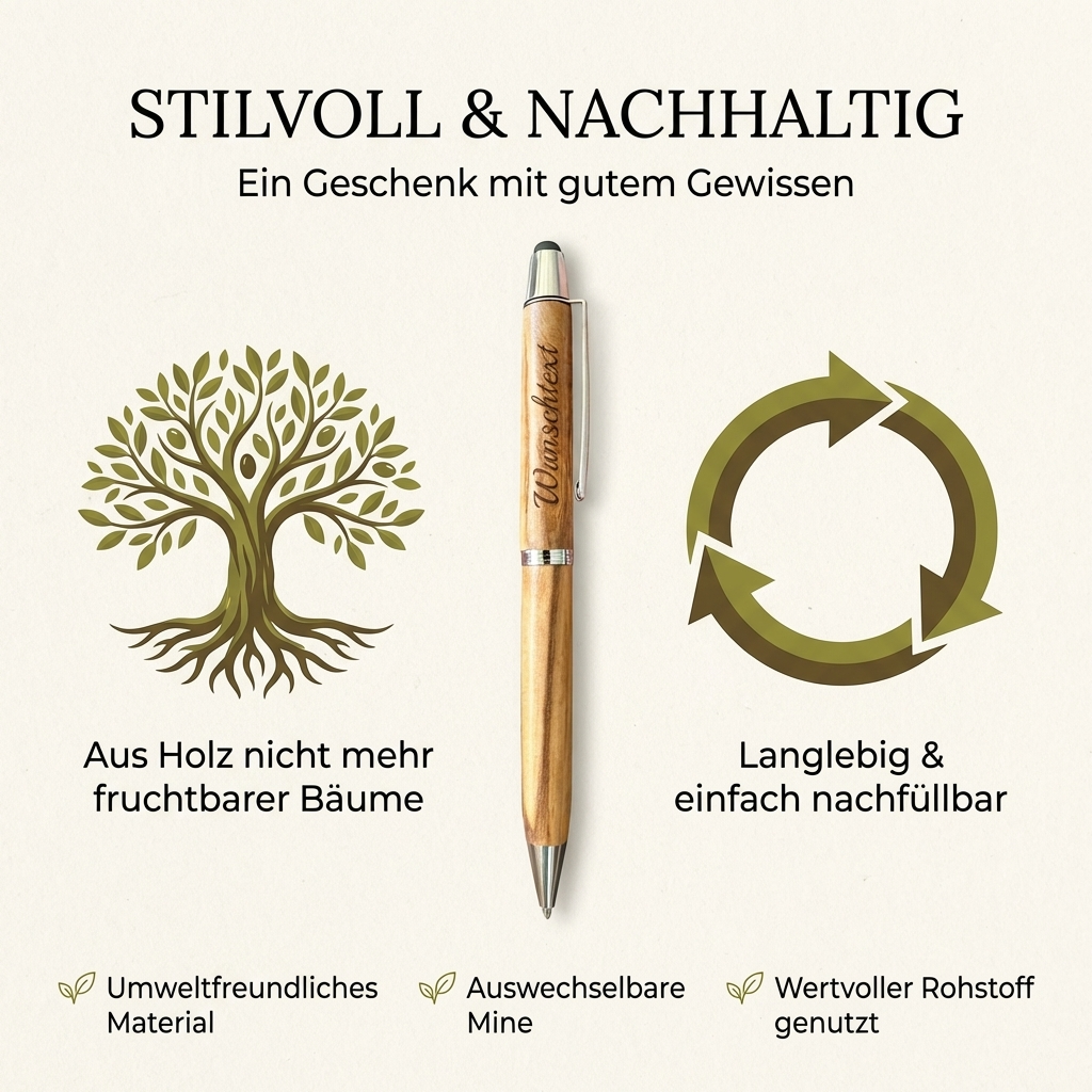 Kugelschreiber personalisiert, Olivenholz - Edler Holzkugelschreiber mit Gravur und Samtetui als individuelles Geschenk
