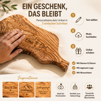 Personalisiertes Servierbrett aus Olivenholz mit Griff & rustikalem Rand