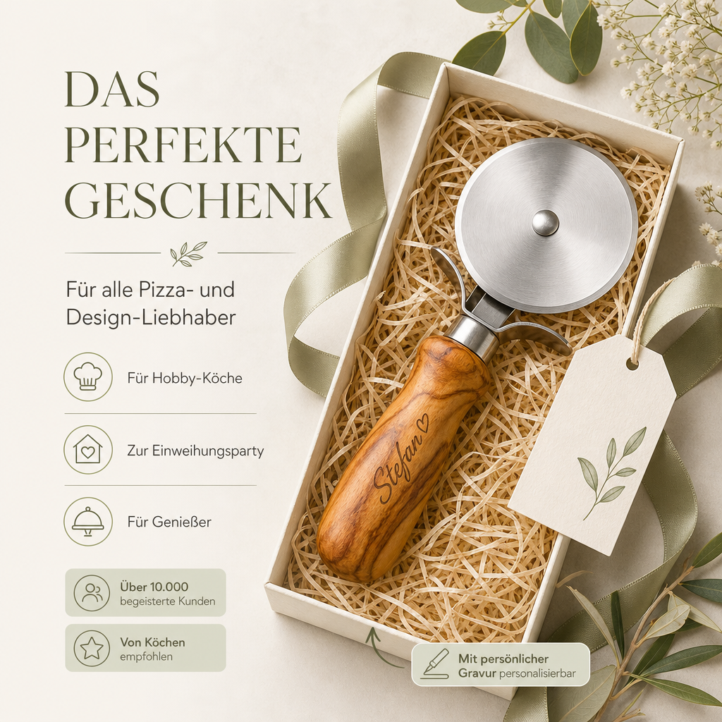 Pizzaschneider mit Olivenholzgriff – personalisierbar mit Gravur