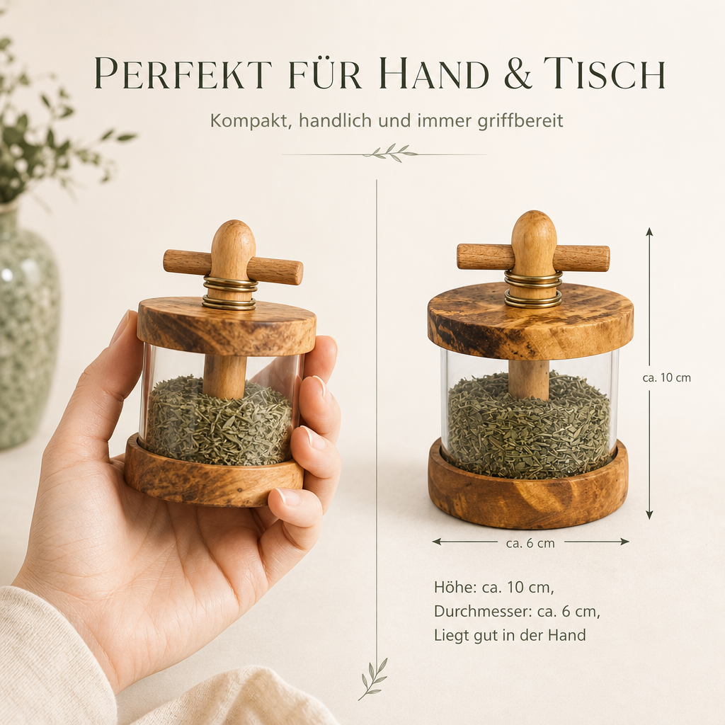 Kräutermühle aus Olivenholz mit Mahlwerk für Kräuter & Gewürze