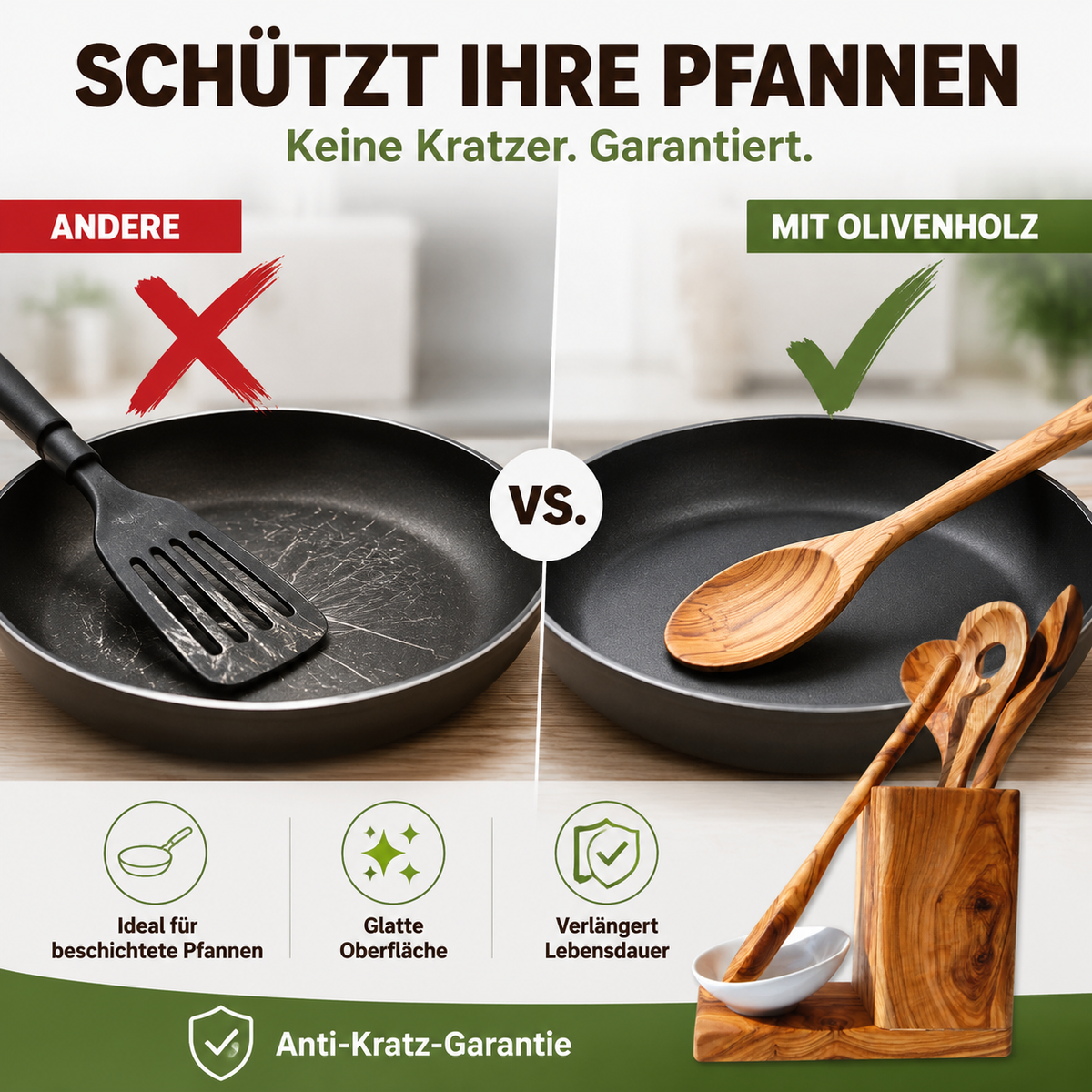 5-teiliges Küchenset aus Olivenholz – Hochwertige Kochlöffel mit Keramikschale, langlebig, nachhaltig & personalisierbar