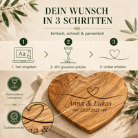 Herzform-Holzbrett – Hochzeitsgeschenk personalisiert aus Olivenholz