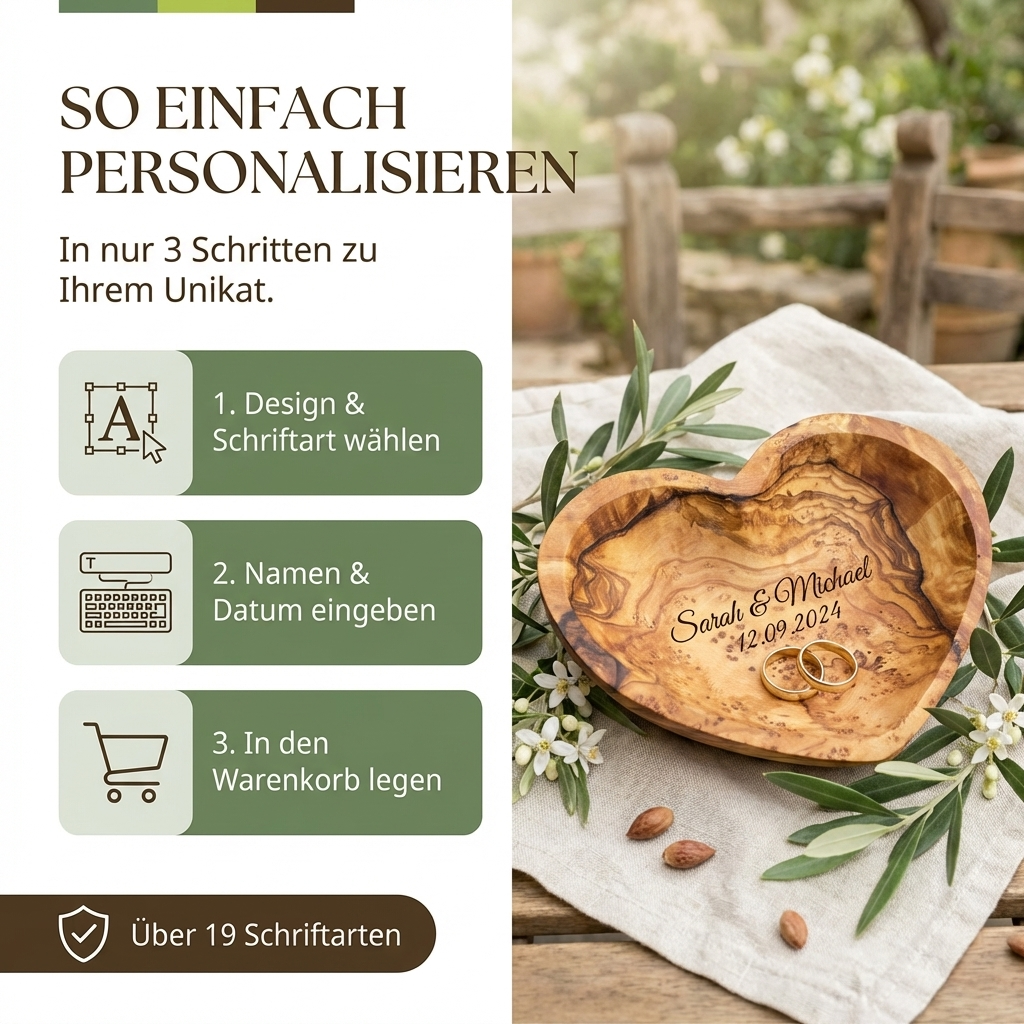 Ringkissen Hochzeit aus Olivenholz, personalisierbar