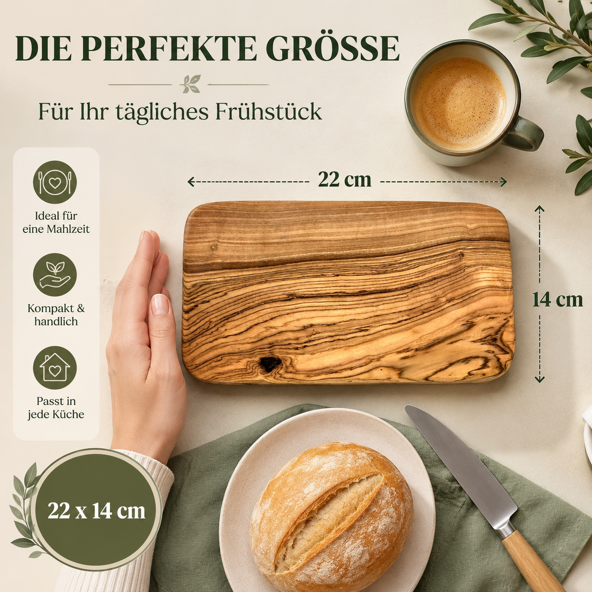 Personalisiertes Frühstücksbrettchen aus Olivenholz mit Gravur