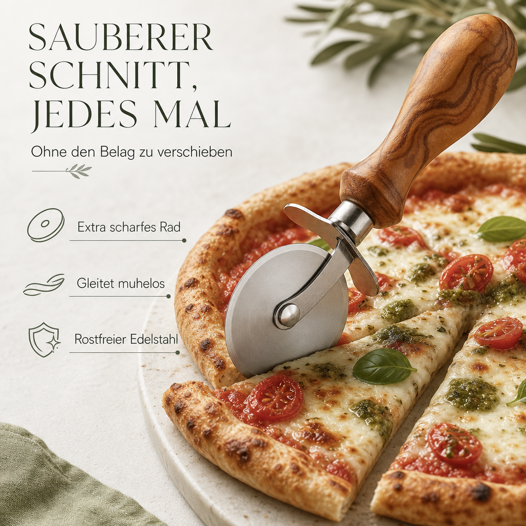 Pizzaschneider mit Olivenholzgriff – personalisierbar mit Gravur