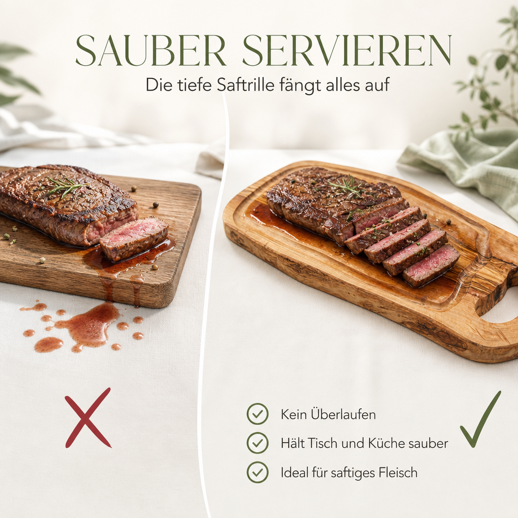 Personalisiertes Steakbrett aus Olivenholz mit Saftrille und Griff – rustikales Holzbrett mit Gravur