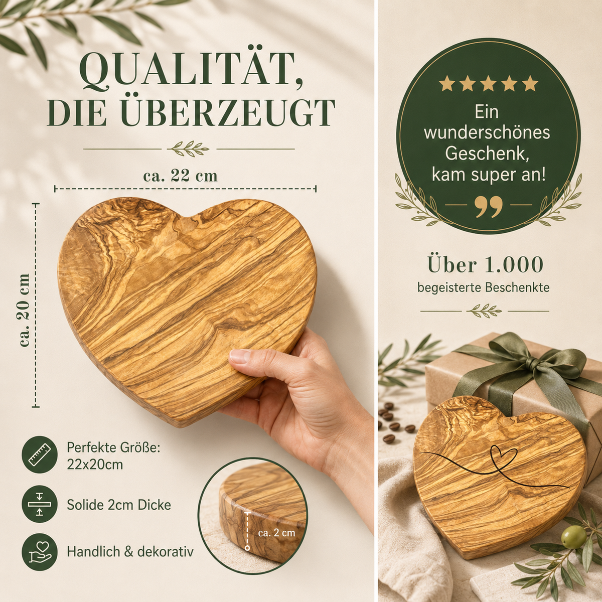 Herzform-Holzbrett – Hochzeitsgeschenk personalisiert aus Olivenholz