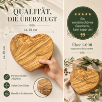 Herzform-Holzbrett – Hochzeitsgeschenk personalisiert aus Olivenholz
