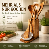 5-teiliges Küchenset aus Olivenholz – Hochwertige Kochlöffel mit Keramikschale, langlebig, nachhaltig & personalisierbar