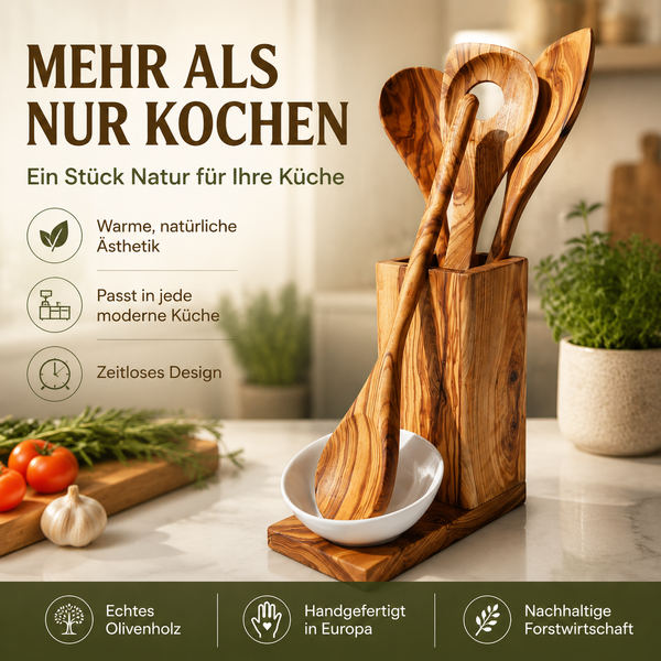 5-teiliges Küchenset aus Olivenholz – Hochwertige Kochlöffel mit Keramikschale, langlebig, nachhaltig & personalisierbar